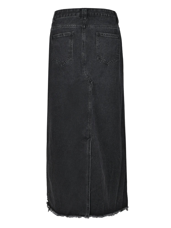 Black Denim Maxi Skirt With Slit