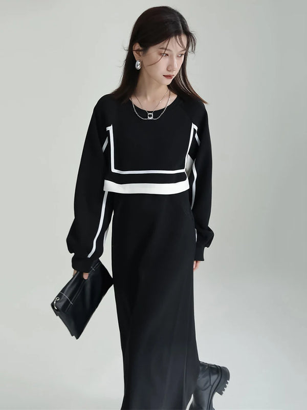 Black And White Striped Long Sleeve Dress