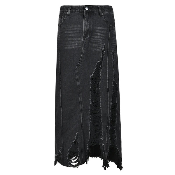 Black Denim Maxi Skirt With Slit