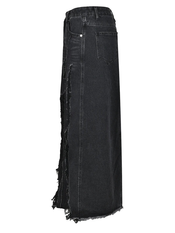 Black Denim Maxi Skirt With Slit