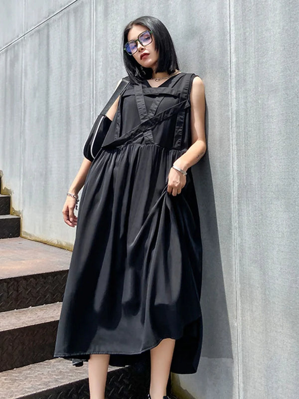 Black Long Sleeveless V-Neck Dress