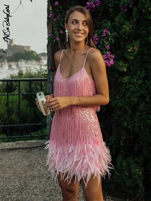 Pink Feather Mini Dress