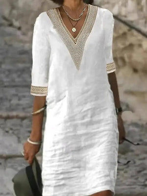 White Cotton Midi Dress With Sleeves