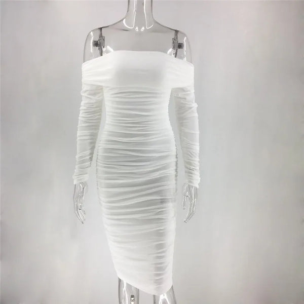 White Satin Midi Dress With Sleeves